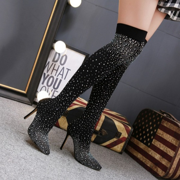 Високи ботуши тип чорап с висок ток и декорация камъни