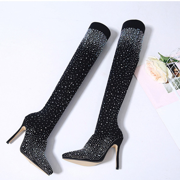 Високи ботуши тип чорап с висок ток и декорация камъни