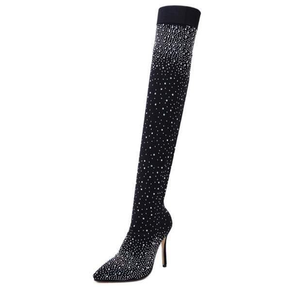 Високи ботуши тип чорап с висок ток и декорация камъни