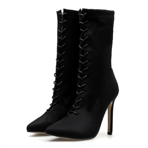 Модерни заострени боти от еко велур с връзки и висок ток