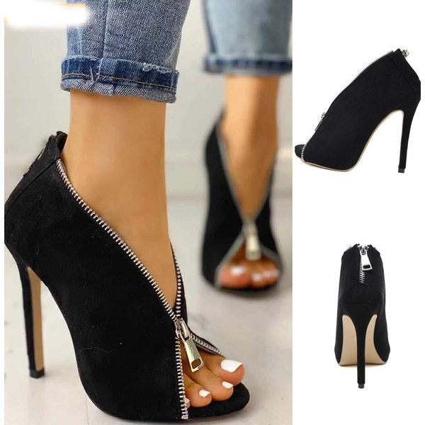 Дамски велурени полуотворени боти с цип и 8 см ток 