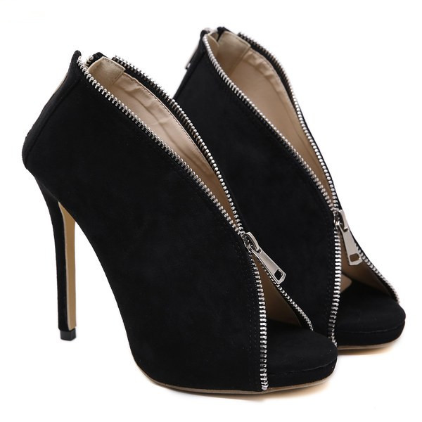 Дамски велурени полуотворени боти с цип и 8 см ток 