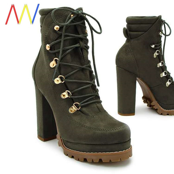 Дамски ежедневни боти с дебел ток и връзки от еко велур