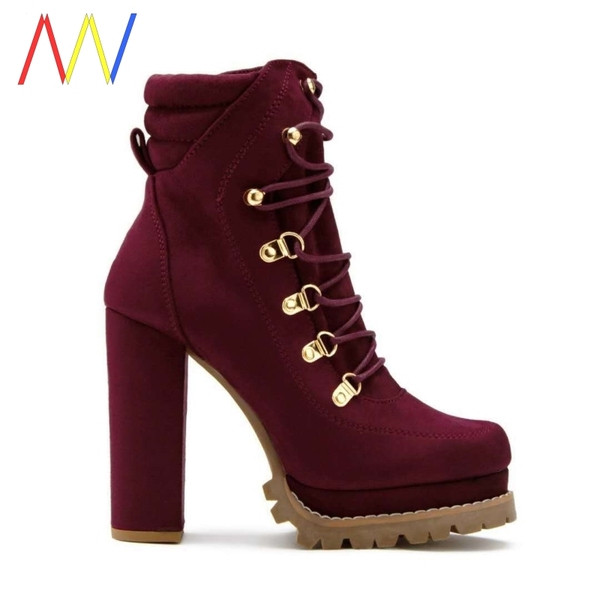 Дамски ежедневни боти с дебел ток и връзки от еко велур