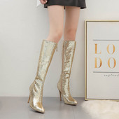 Дамски лъскави ботуши с висок ток и цип