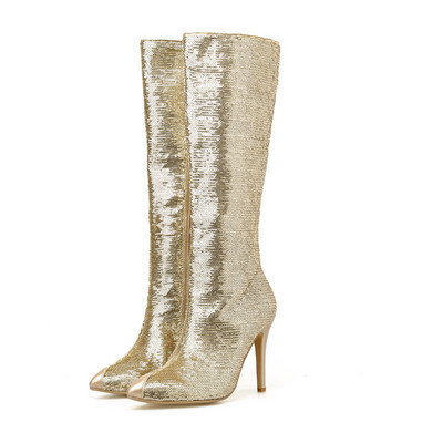 Дамски лъскави ботуши с висок ток и цип