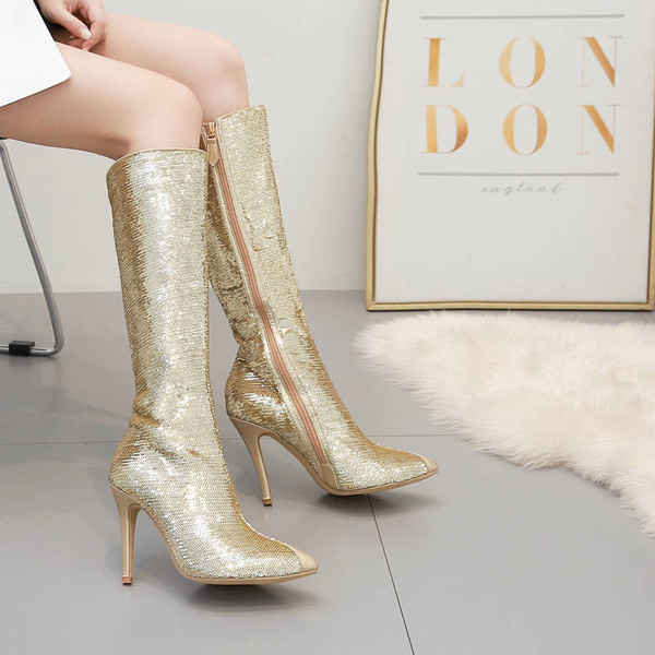 Дамски лъскави ботуши с висок ток и цип
