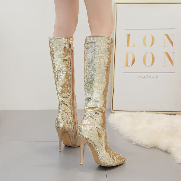 Дамски лъскави ботуши с висок ток и цип