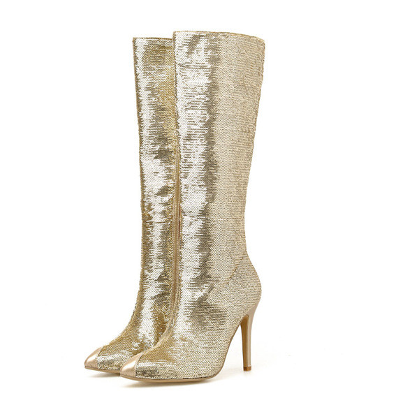 Дамски лъскави ботуши с висок ток и цип