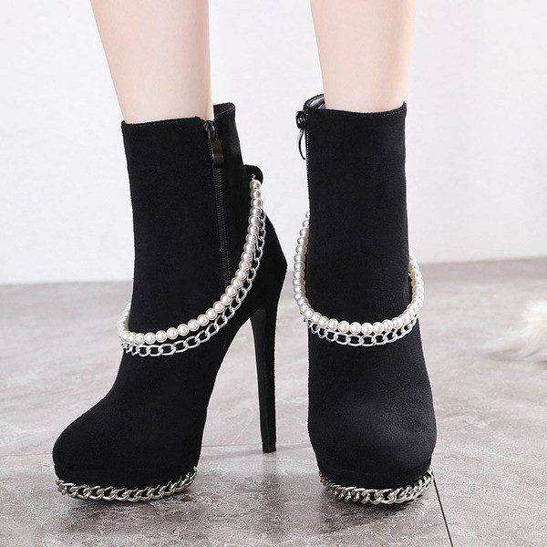 Дамски боти от еко кожа или еко велур с перли