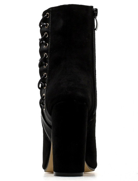 Модерни дамски боти от еко велур с връзки и дебел ток