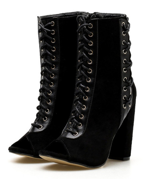 Модерни дамски боти от еко велур с връзки и дебел ток