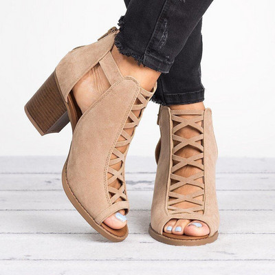 Дамски ежедневни боти с дебел ток и цип - от еко велур