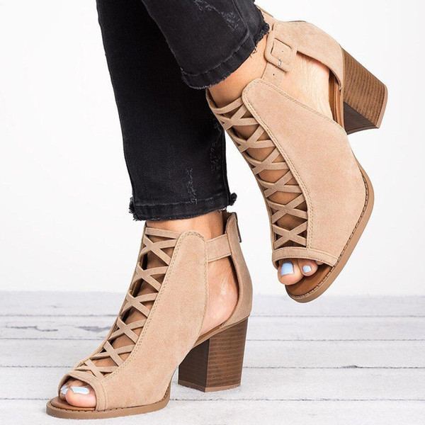 Дамски ежедневни боти с дебел ток и цип - от еко велур