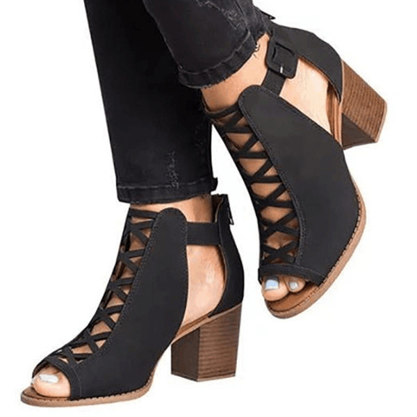 Дамски ежедневни боти с дебел ток и цип - от еко велур