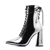 Актуални дамски боти заострен модел с висок ток и връзки