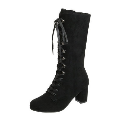 Дамски велурени боти с квадратен ток и връзки