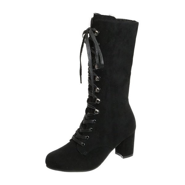 Дамски велурени боти с квадратен ток и връзки 