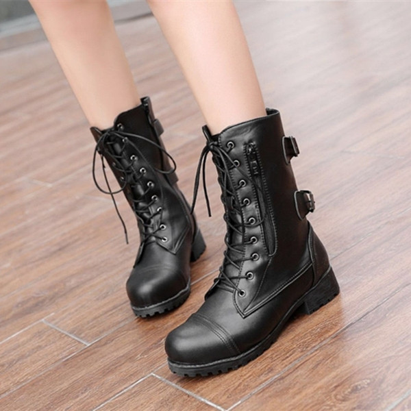 Кожени дамски боти с връзки и цип 