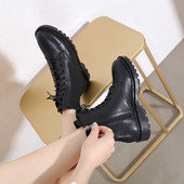 Черни дамски боти от еко кожа с връзки и цип