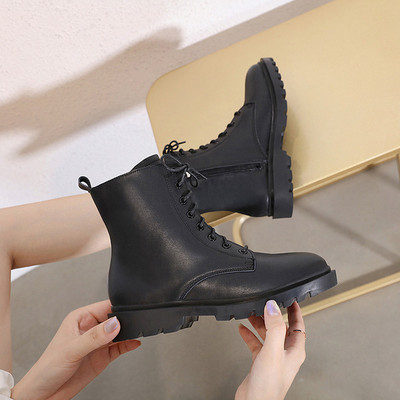 Черни дамски боти от еко кожа с връзки и цип