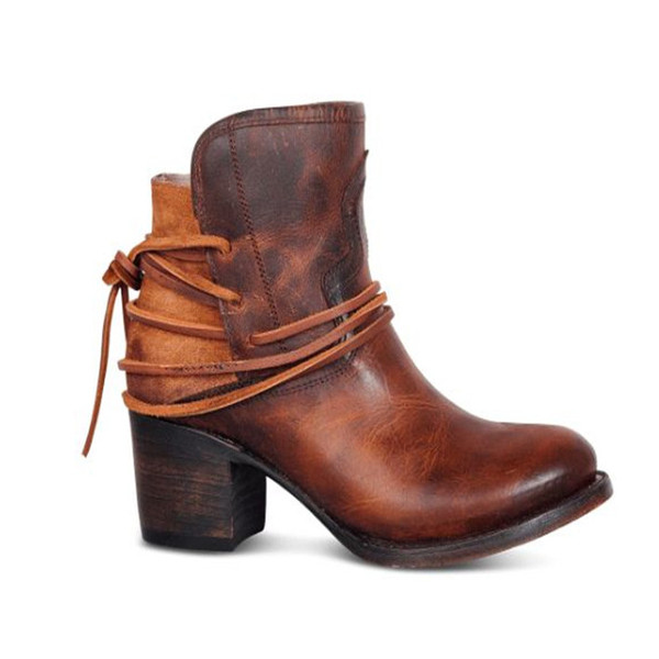 Модерни дамски кожени боти с връзки и дебел ток