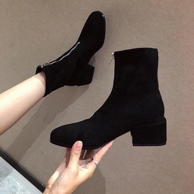 Дамски боти от еко велур с квадратен ток и цип