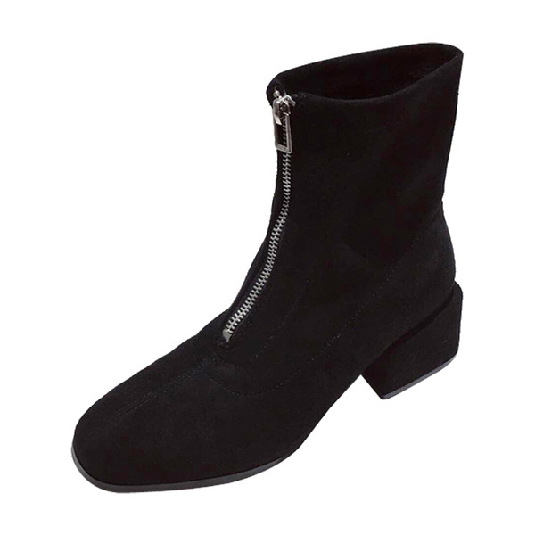 Дамски боти от еко велур с квадратен ток и цип