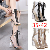 Прозрачни дамски боти с връзки и дебел ток