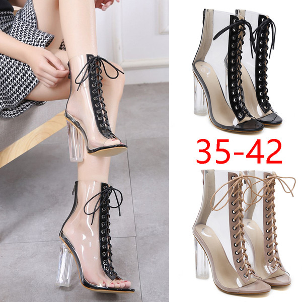 Прозрачни дамски боти с връзки и дебел ток