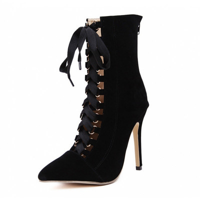 Стилни дамски боти с връзки и висок ток-12см
