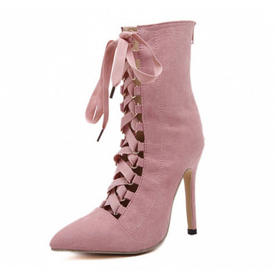 Стилни дамски боти с връзки и висок ток-12см