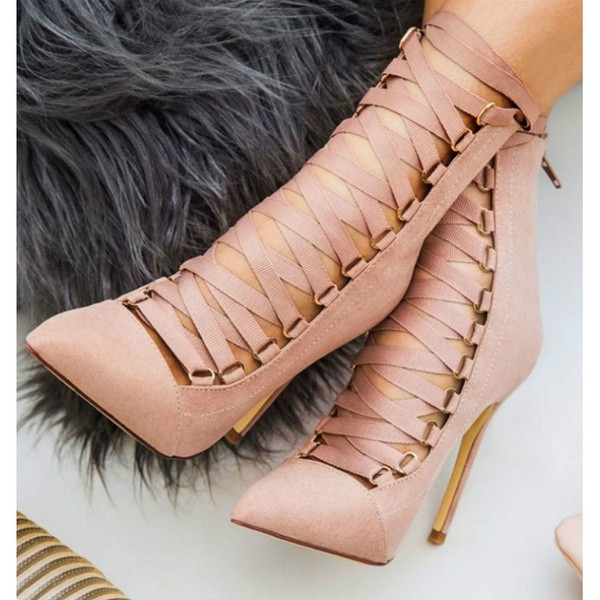 Стилни дамски боти с връзки и висок ток-12см