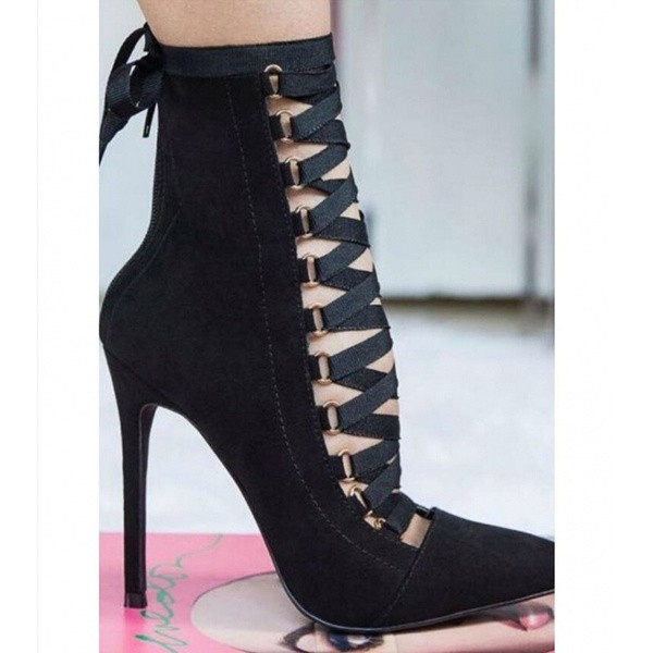 Стилни дамски боти с връзки и висок ток-12см