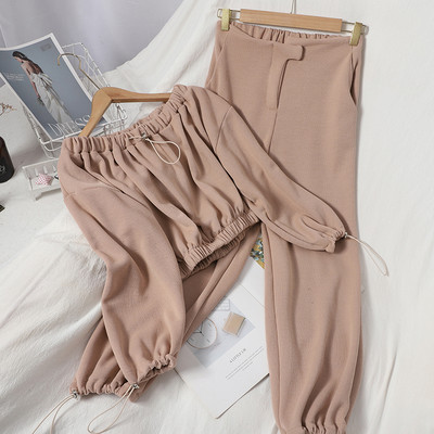 Дамски ежедневен комплект от две части - блуза с дълъг ръкав и панталон с висока талия