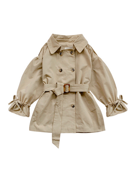 Stiilne pruunis värvitoonis nööpide ja vööga laste jope tüdrukutele