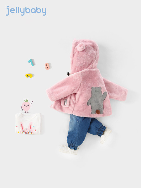 Детско пухено яке с качулка и дълъг ръкав за момичета