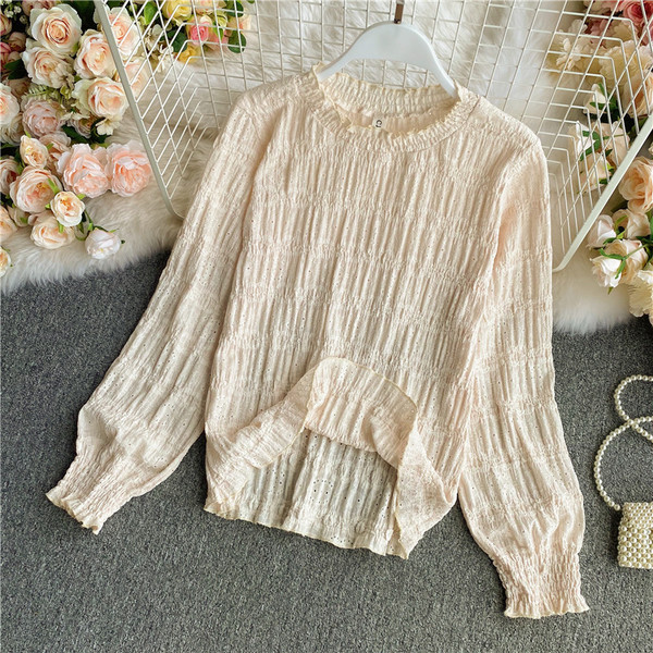 Naiste vabaaja pikkade varrukate ja ovaalse kaelusega beeži pluus