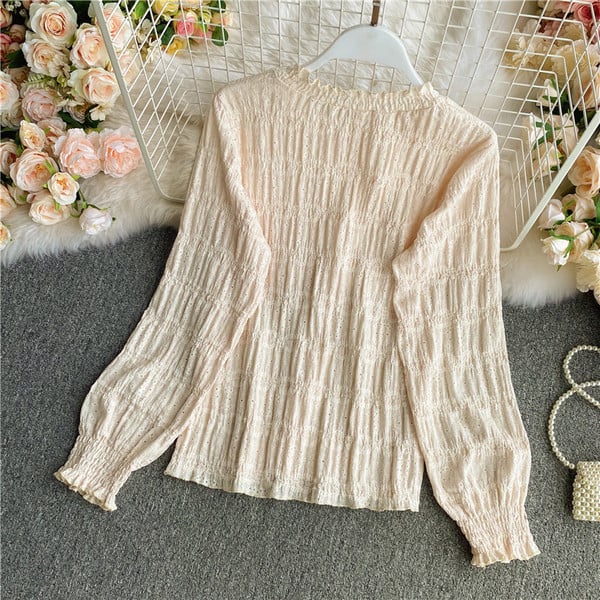 Naiste vabaaja pikkade varrukate ja ovaalse kaelusega beeži pluus