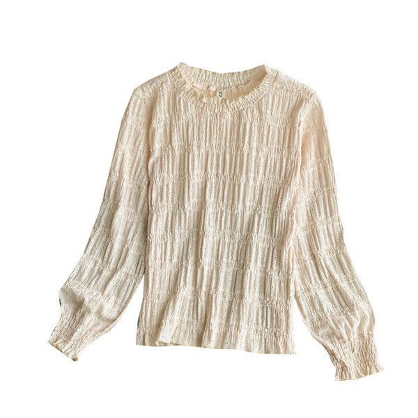 Naiste vabaaja pikkade varrukate ja ovaalse kaelusega beeži pluus