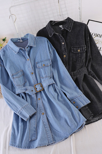 Актуална дамска дънкова риза с колан на талията