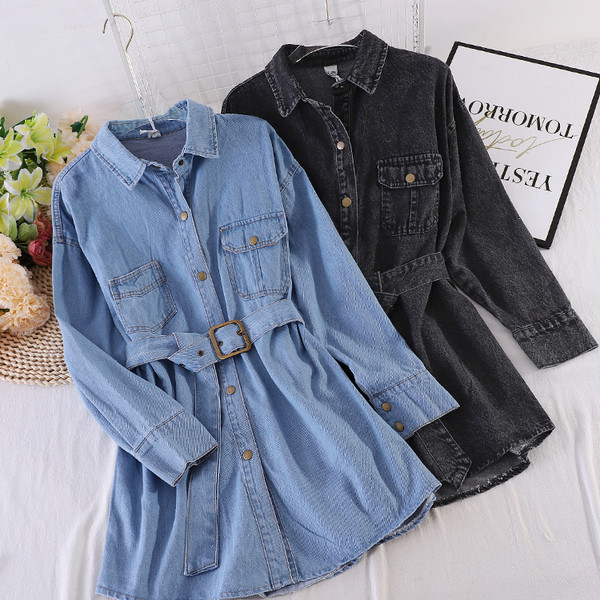 Актуална дамска дънкова риза с колан на талията