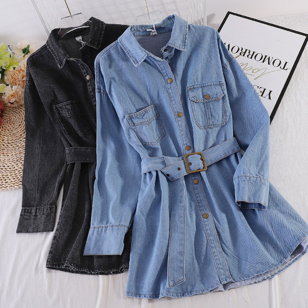 Актуална дамска дънкова риза с колан на талията