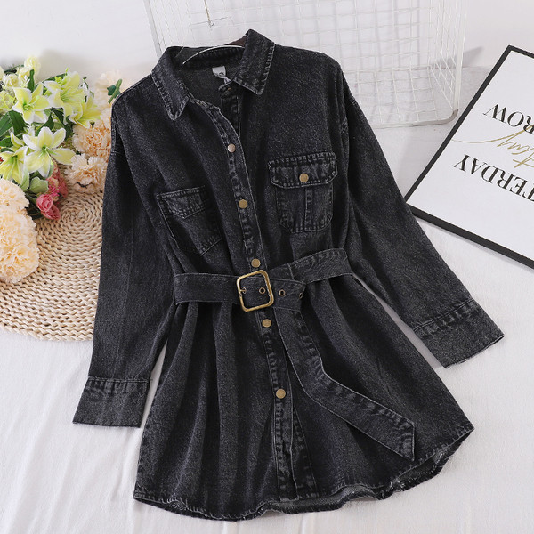 Актуална дамска дънкова риза с колан на талията