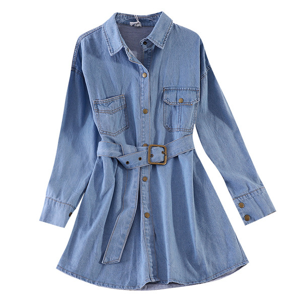 Актуална дамска дънкова риза с колан на талията