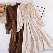 Нов модел есенна дамска рокля с V-образно деколте и средна дължина