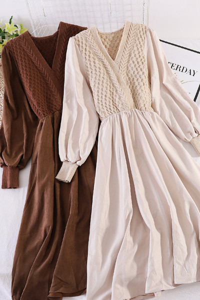 Нов модел есенна дамска рокля с V-образно деколте и средна дължина