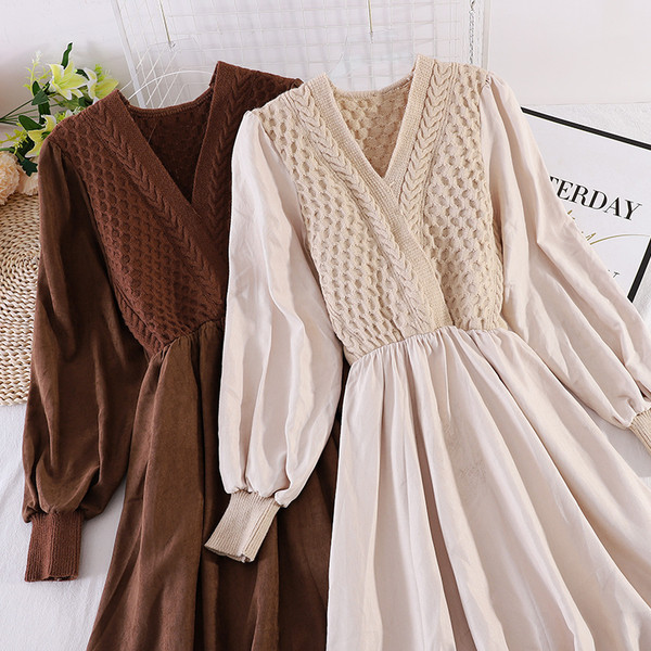 Нов модел есенна дамска рокля с V-образно деколте и средна дължина