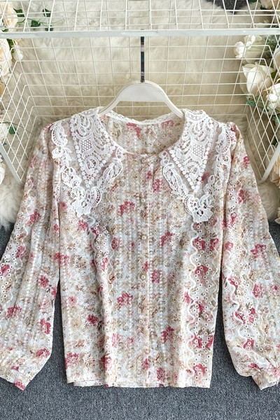 Модерна дамска риза с флорален десен и дантелена яка