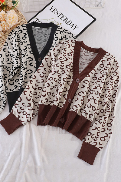 V-kujulise krae ja leopardimustriga sügisene naistevest